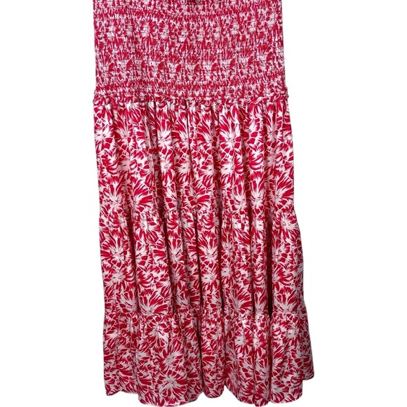 LIKELY AVRA BITTERSWEET & WHITE FLORAL SMOCK WAIST PUFF SLEEVE V NECK MIDI DRESS - Picture 7 of 15